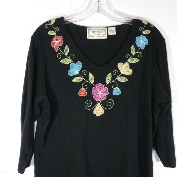 Tantrum Tops - Share Tantrums Knit Top Black with Colorful Embroidered Flowers Size Large